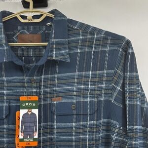 Orvis Shirt Mens 2XL Blue Plaid Heavyweight Flannel Lined Button Pockets Shacket